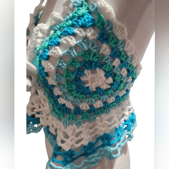 Handmade Granny Square Crochet Halter Top Mermaidcore Boho Criss-cross Icy Blue - Picture 7 of 17